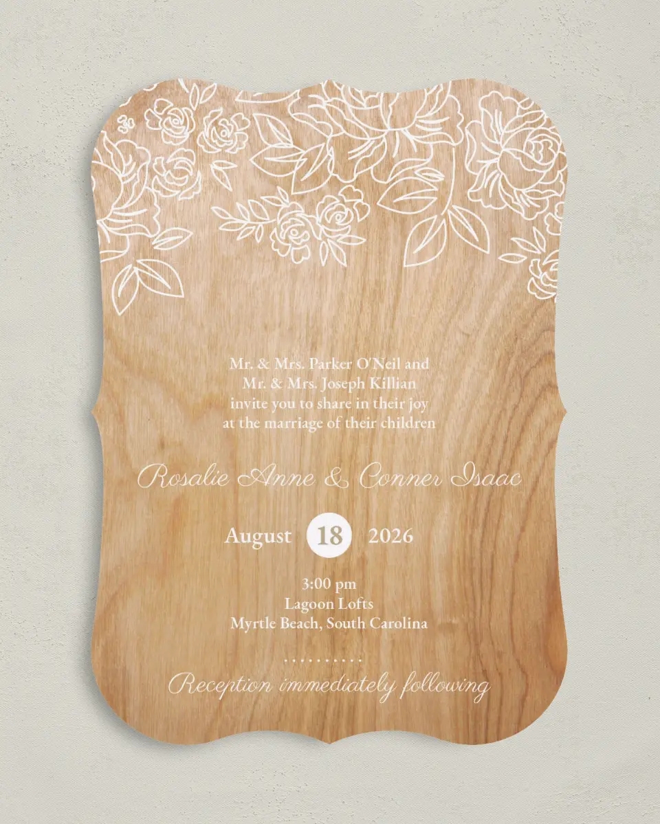 This is a 5" x 7" Bracket Wedding Invitation called Rustic Woodgrain printed in full color on Premium Smooth paper