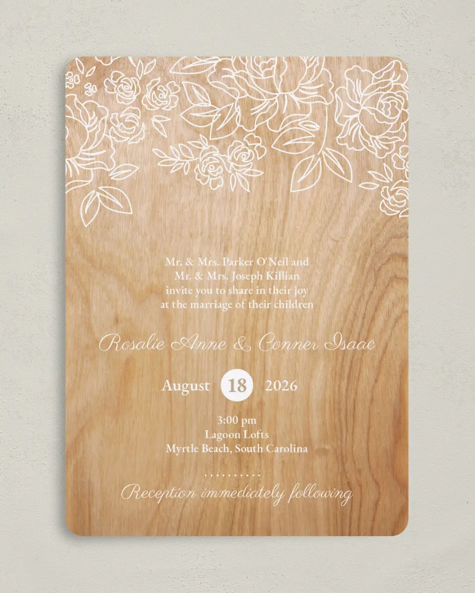This is a 5" x 7" Rounded Wedding Invitation called Rustic Woodgrain printed in full color on Premium Smooth paper