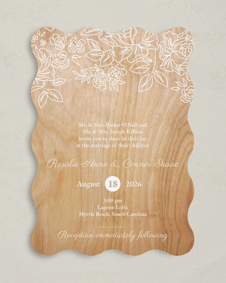 This is a 5" x 7" Wavy Wedding Invitation called Rustic Woodgrain printed in full color with Gold foil on Luxe Satin (coated) paper
