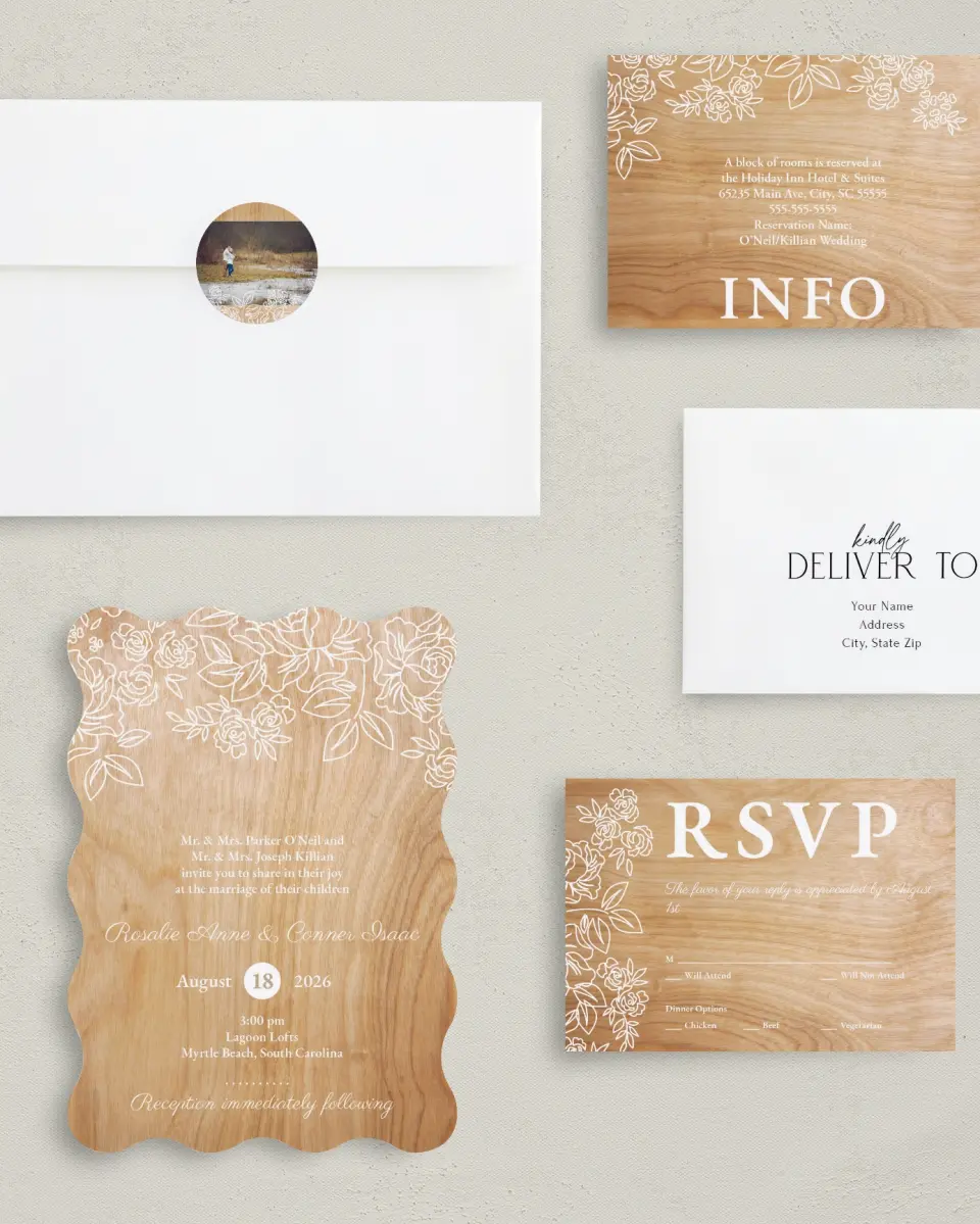 This is a 5" x 7" Wavy Wedding Invitation called Rustic Woodgrain printed in full color with Gold foil on Luxe Satin (coated) paper