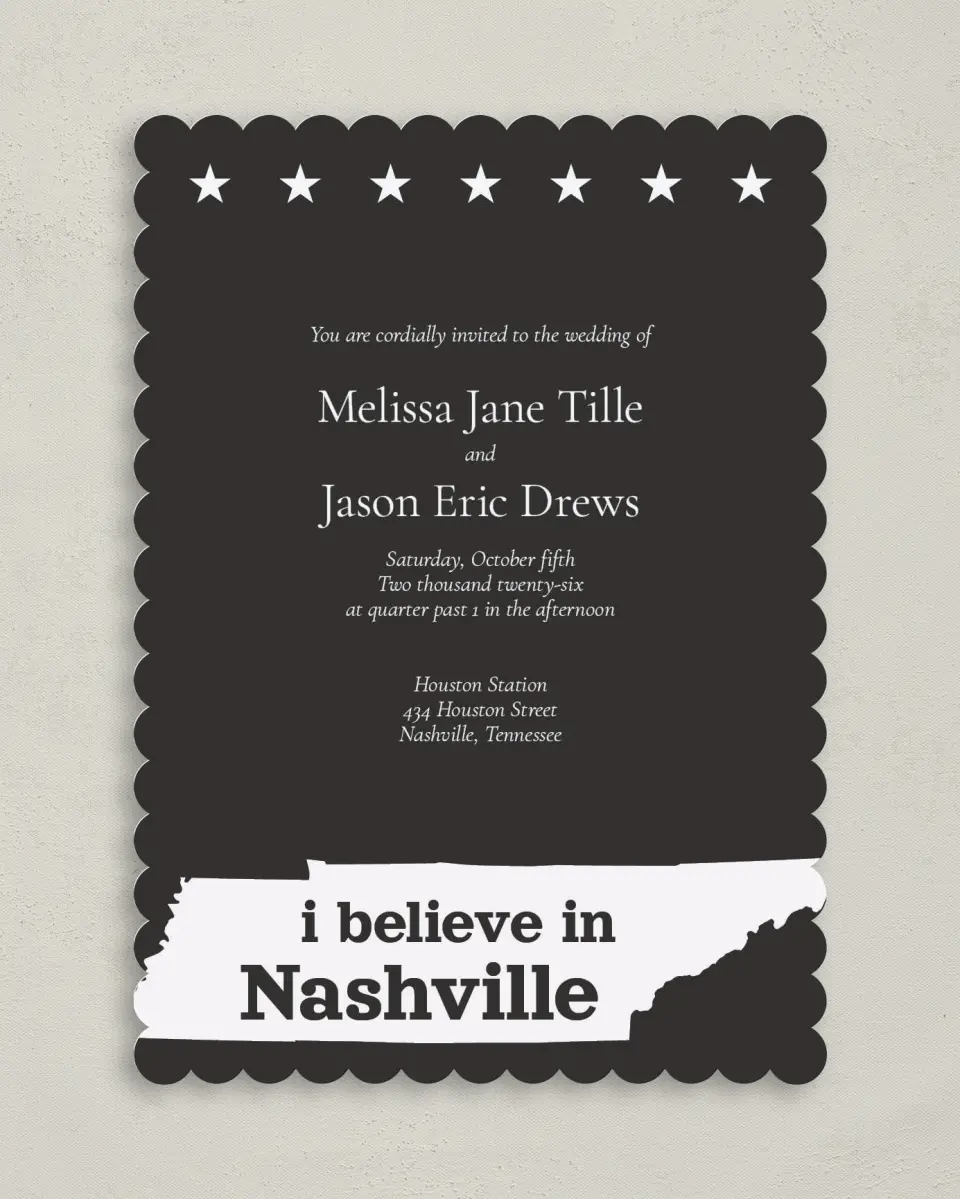 This is a 5" x 7" Classic Wedding Invitation called Nashville Tennessee State Outline printed in full color on Premium Smooth paper