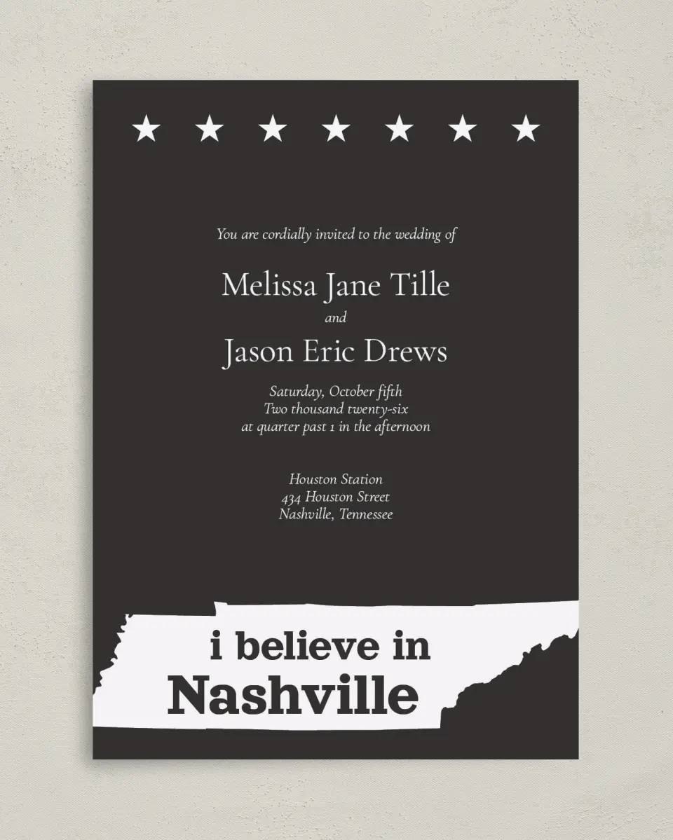 This is a 5" x 7" Classic Wedding Invitation called Nashville Tennessee State Outline printed in full color on Premium Smooth paper