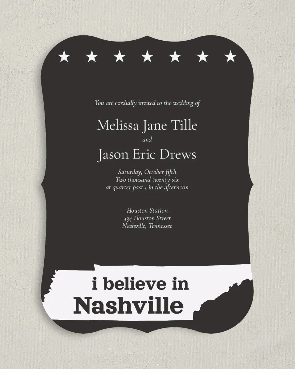This is a 5" x 7" Bracket Wedding Invitation called Nashville Tennessee State Outline printed in full color on Premium Smooth paper