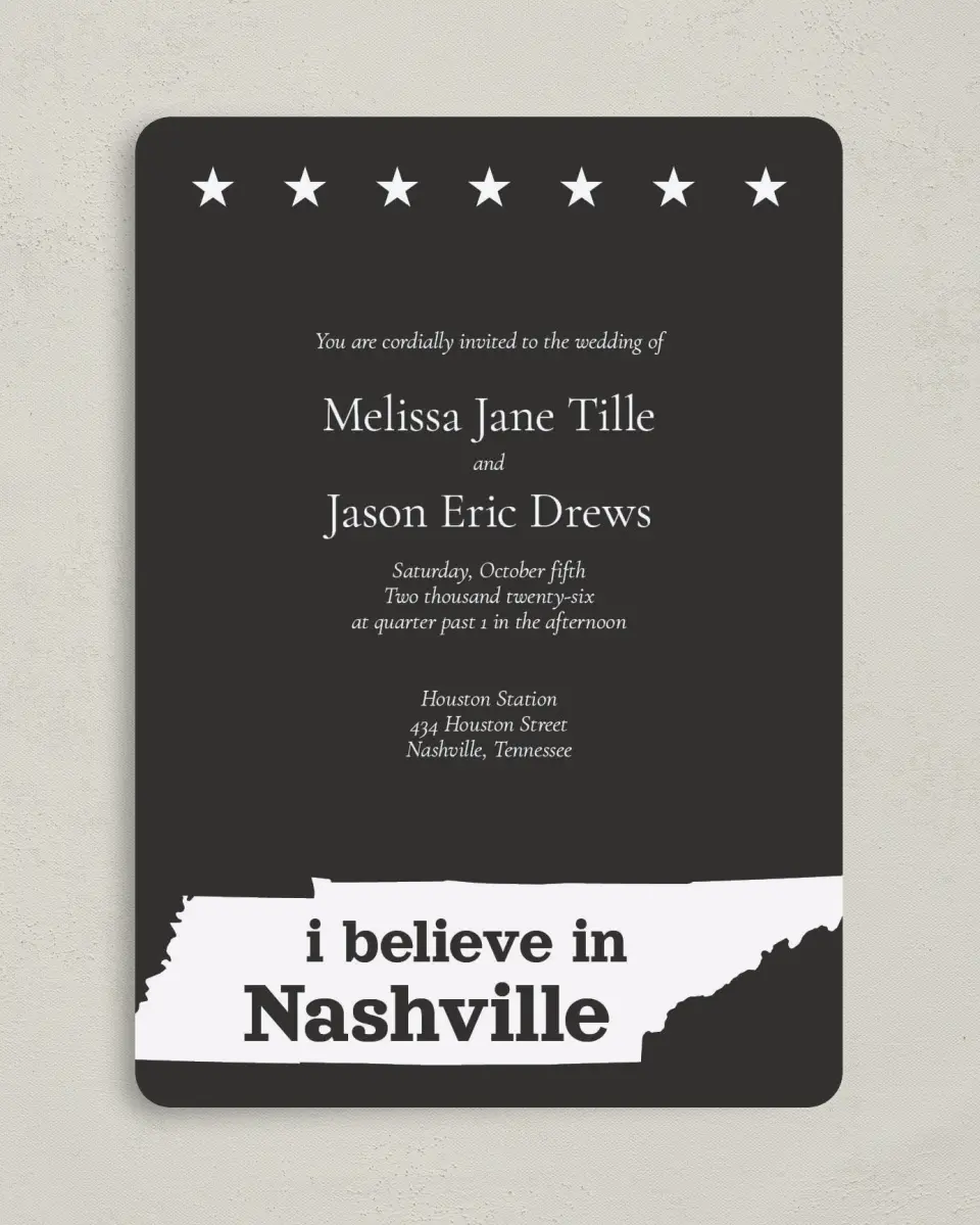 This is a 5" x 7" Rounded Wedding Invitation called Nashville Tennessee State Outline printed in full color on Premium Smooth paper