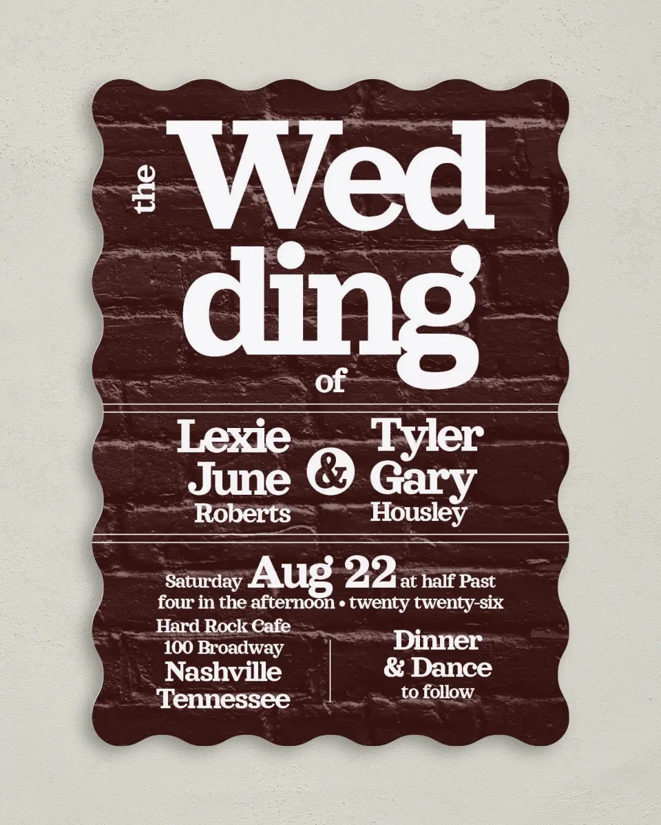 This is a 5" x 7" Wavy Wedding Invitation called Brick Yard printed in full color on Premium Smooth paper