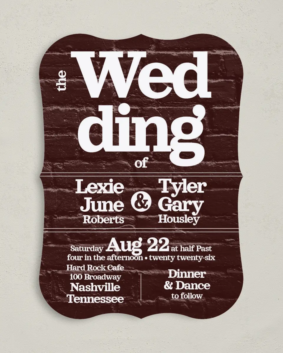 This is a 5" x 7" Bracket Wedding Invitation called Brick Yard printed in full color on Premium Smooth paper