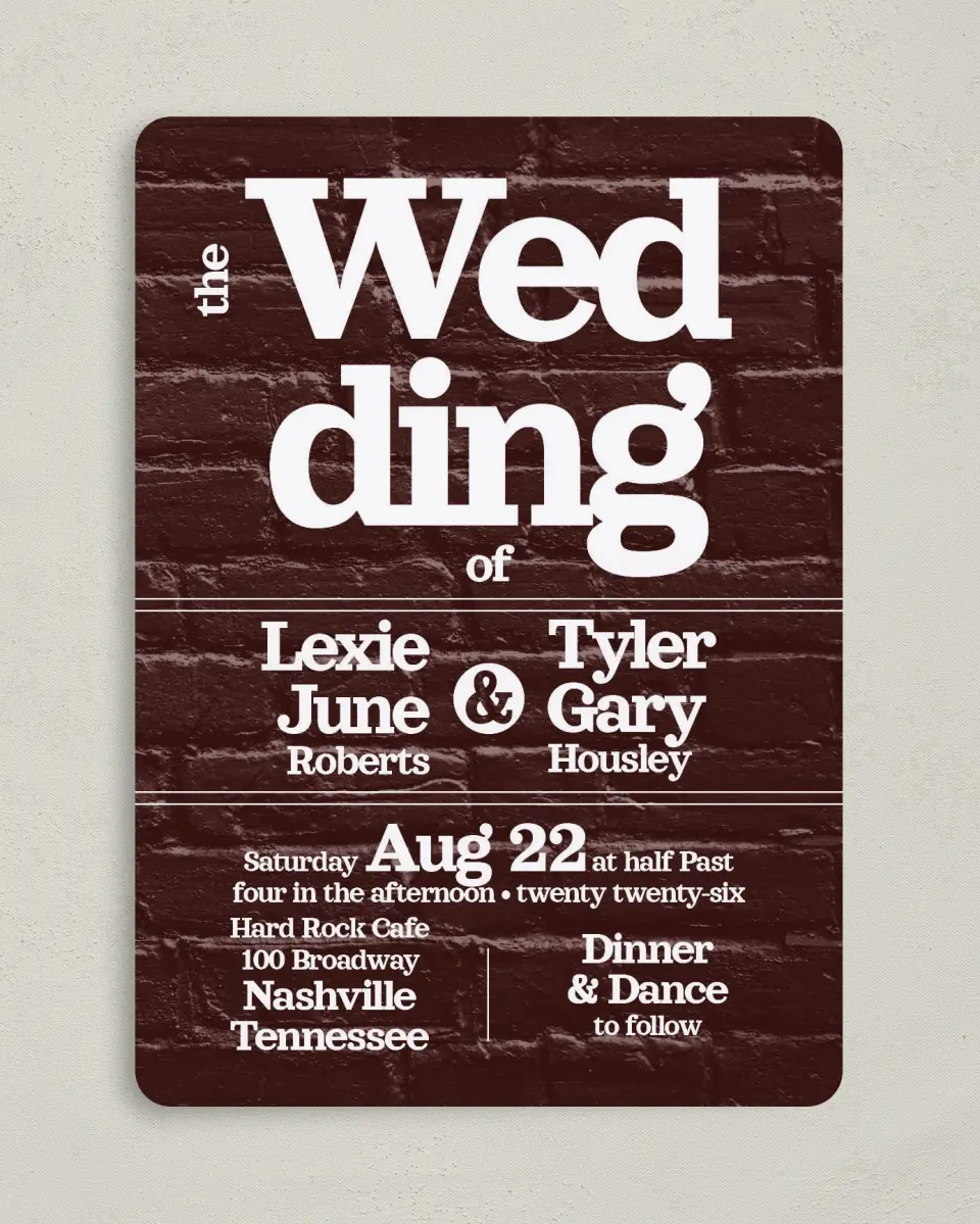 This is a 5" x 7" Rounded Wedding Invitation called Brick Yard printed in full color on Premium Smooth paper