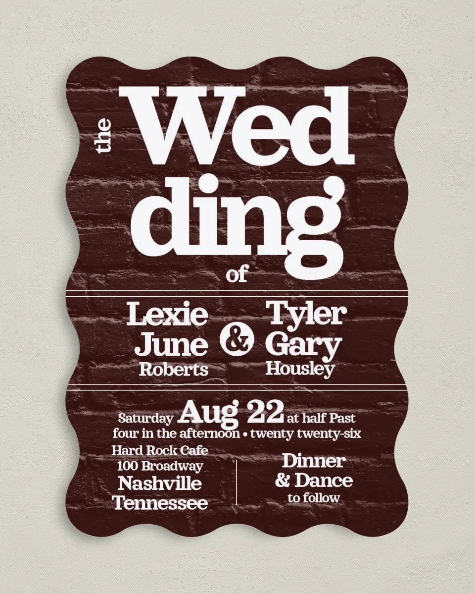 This is a 5" x 7" Wavy Wedding Invitation called Brick Yard printed in full color on Premium Smooth paper