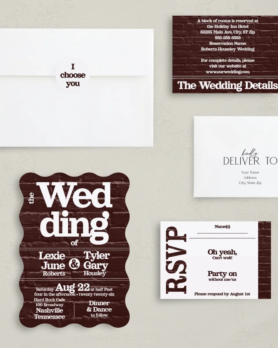 This is a 5" x 7" Wavy Wedding Invitation called Brick Yard printed in full color with Gold foil on Luxe Satin (coated) paper