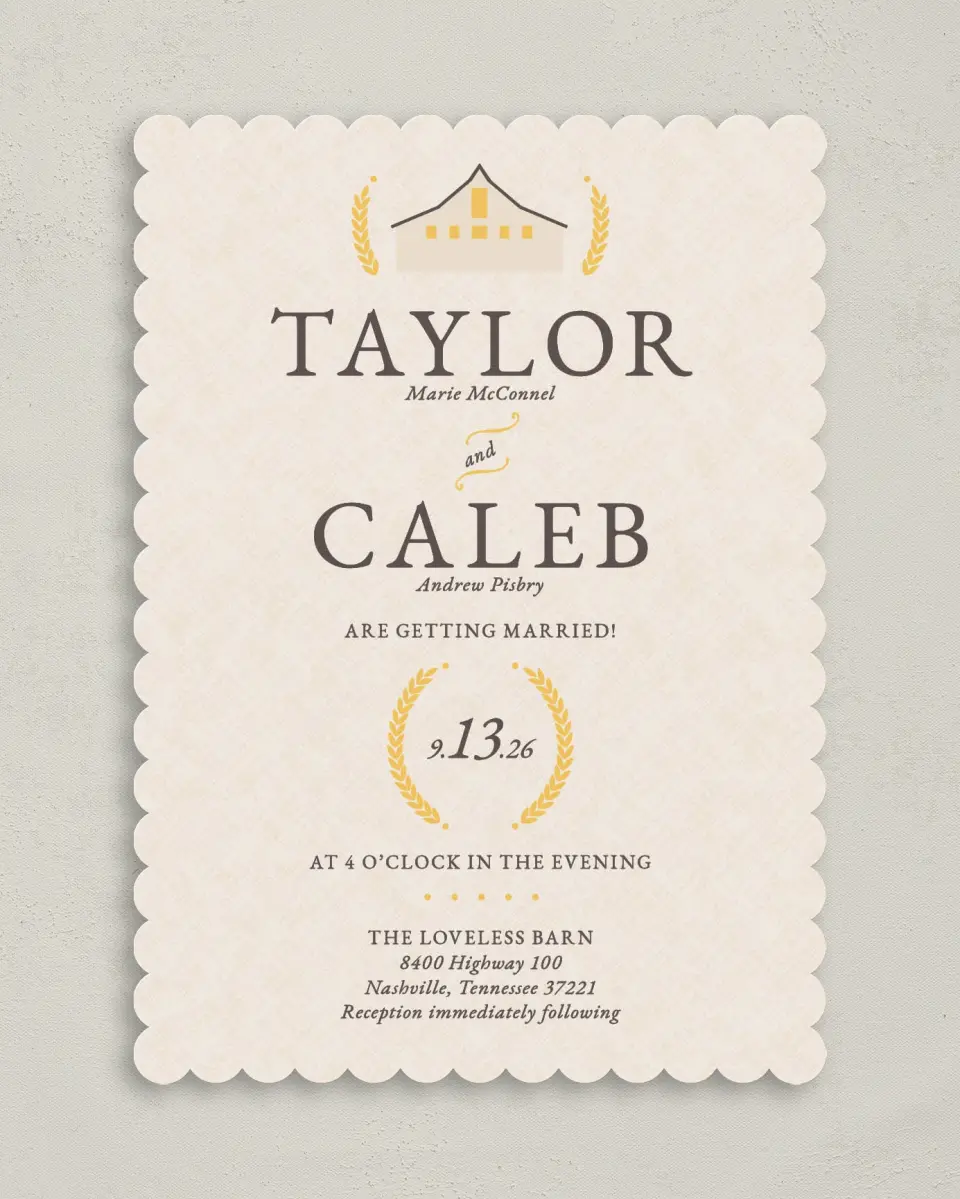 This is a 5" x 7" Classic Wedding Invitation called Nashville Barn printed in full color on Premium Smooth paper