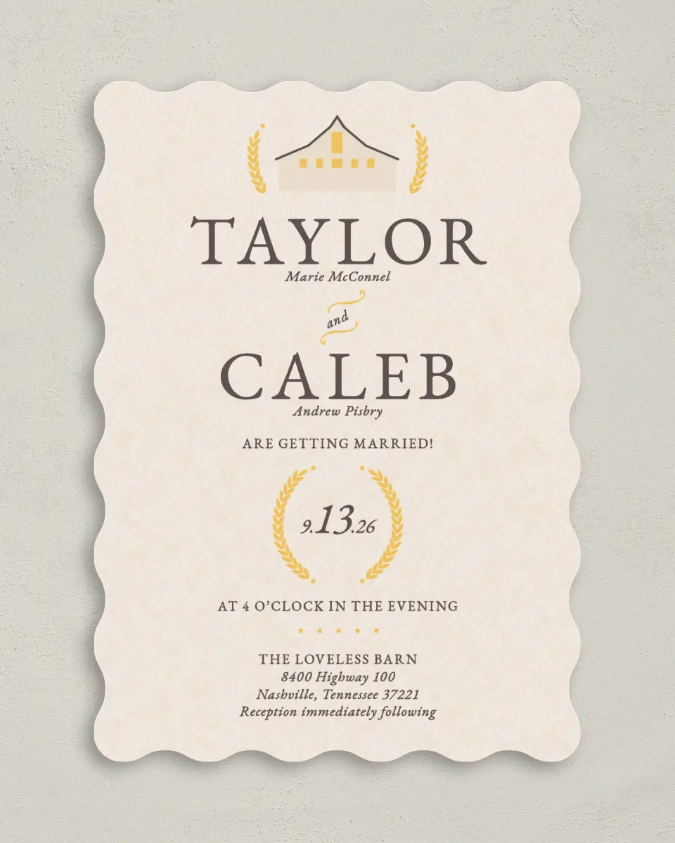 This is a 5" x 7" Wavy Wedding Invitation called Nashville Barn printed in full color on Premium Smooth paper