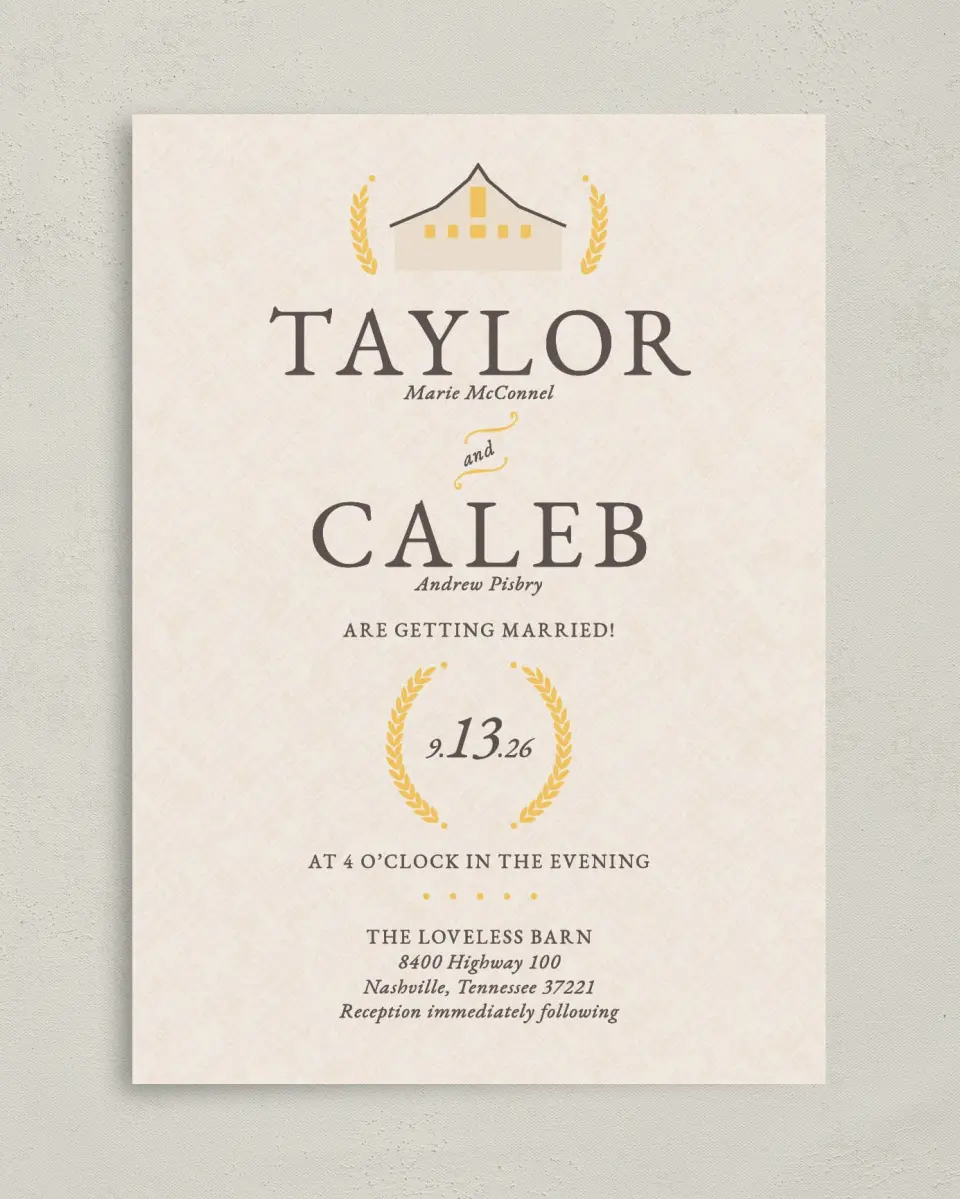 This is a 5" x 7" Classic Wedding Invitation called Nashville Barn printed in full color on Premium Smooth paper