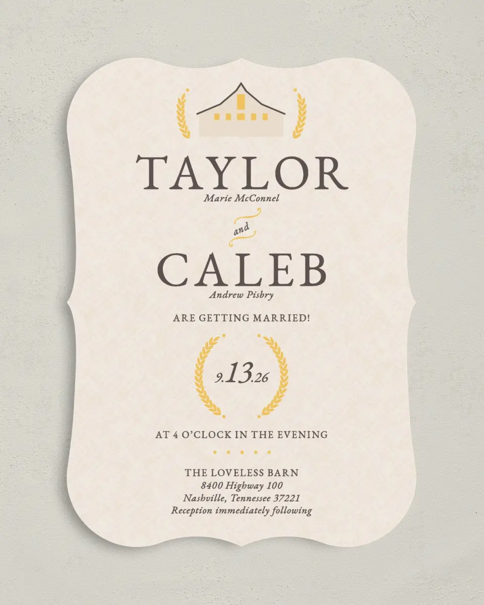 This is a 5" x 7" Bracket Wedding Invitation called Nashville Barn printed in full color on Premium Smooth paper