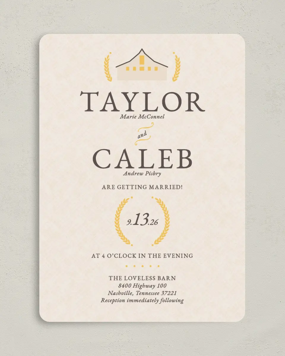 This is a 5" x 7" Rounded Wedding Invitation called Nashville Barn printed in full color on Premium Smooth paper