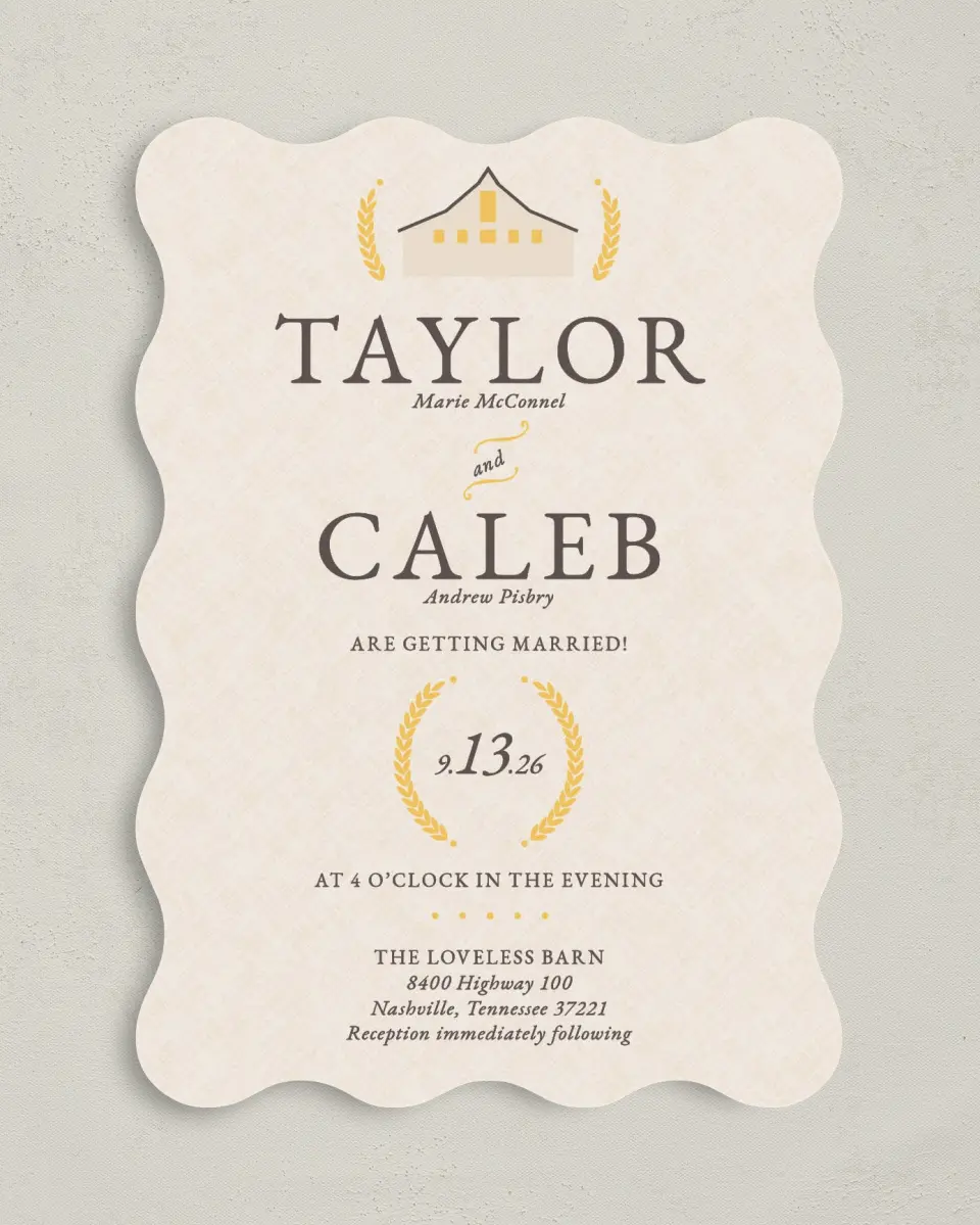 This is a 5" x 7" Wavy Wedding Invitation called Nashville Barn printed in full color on Premium Smooth paper