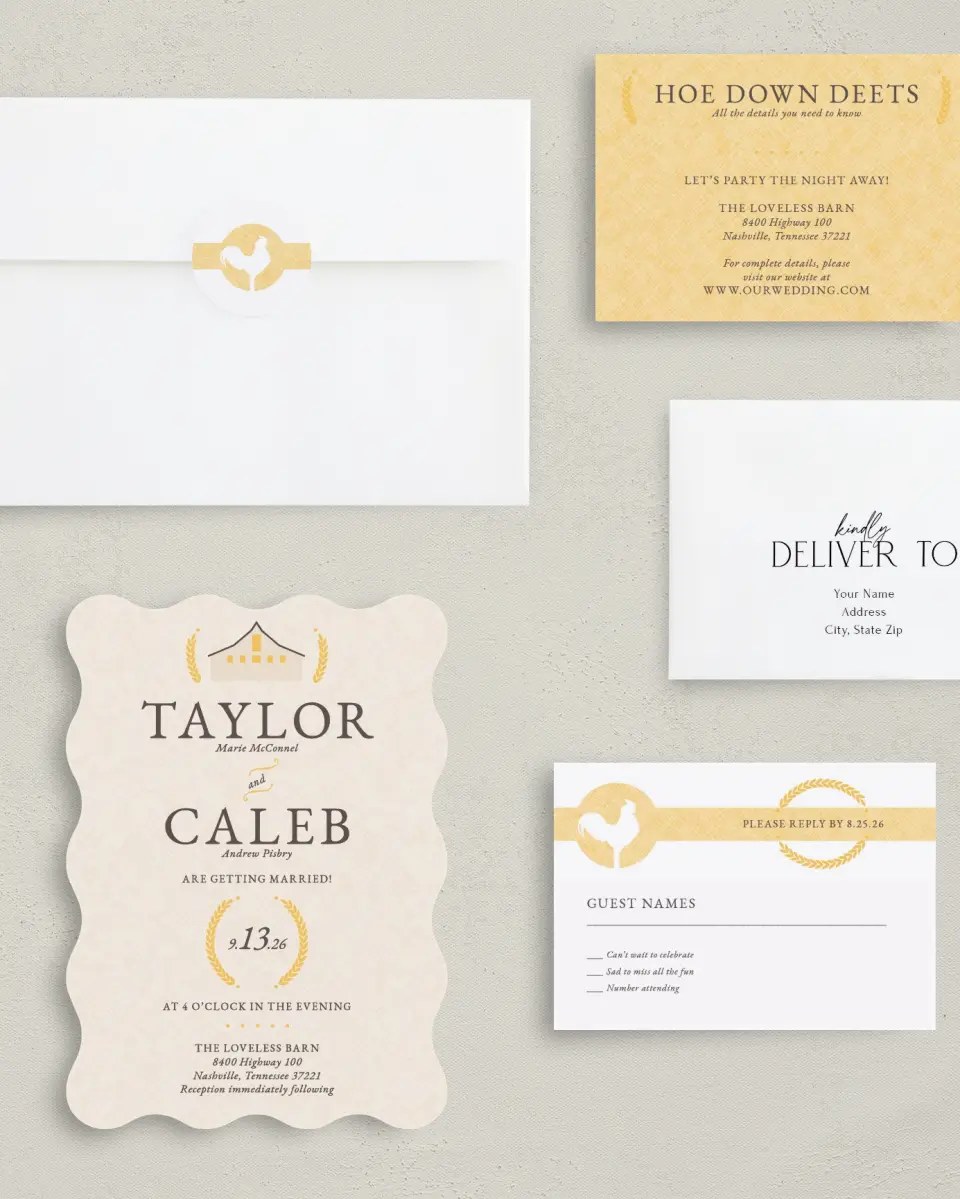 This is a 5" x 7" Wavy Wedding Invitation called Nashville Barn printed in full color with Gold foil on Luxe Satin (coated) paper