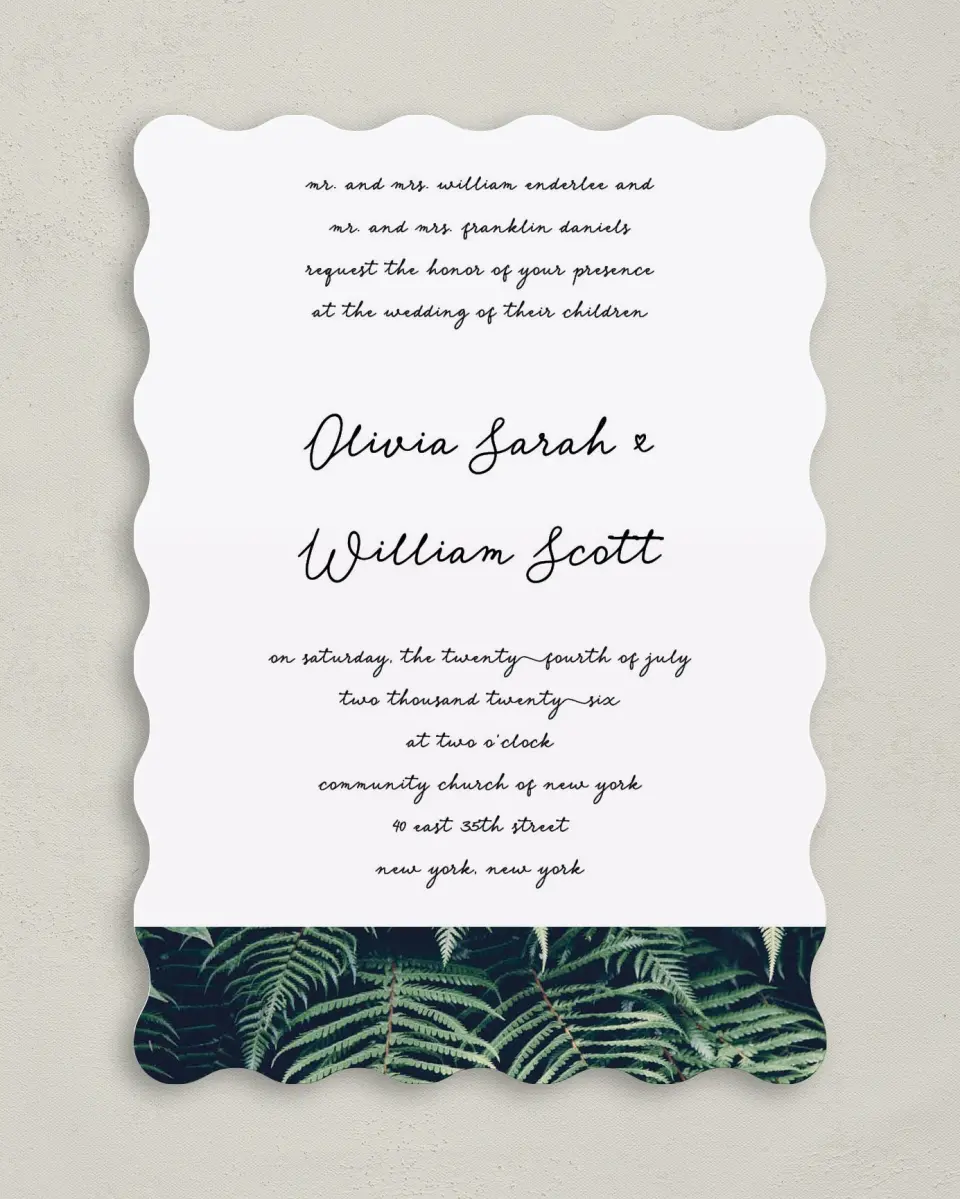 This is a 5" x 7" Wavy Wedding Invitation called Enchanted Day printed in full color on Premium Smooth paper