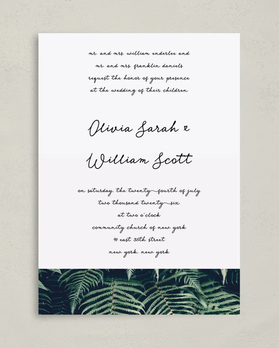 This is a 5" x 7" Classic Wedding Invitation called Enchanted Day printed in full color on Premium Smooth paper