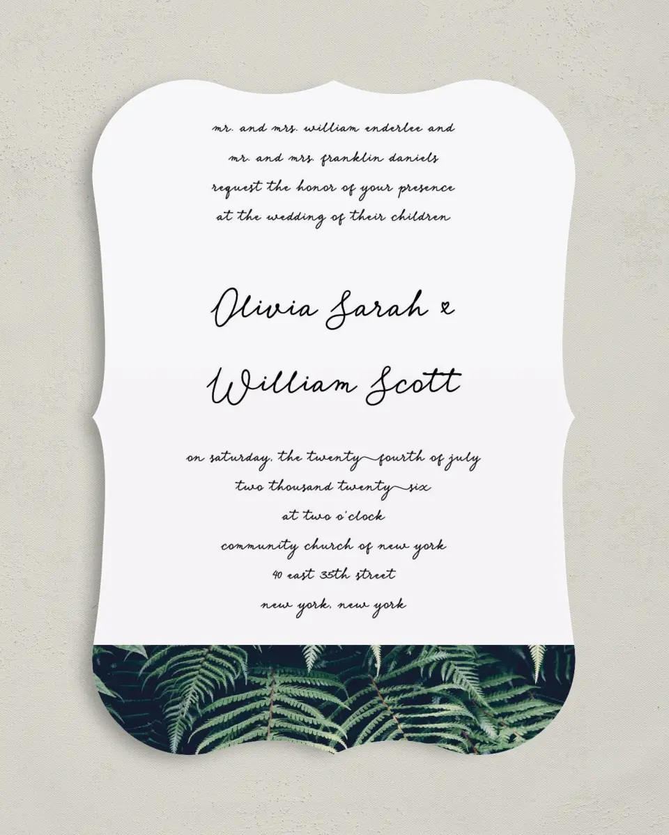 This is a 5" x 7" Bracket Wedding Invitation called Enchanted Day printed in full color on Premium Smooth paper