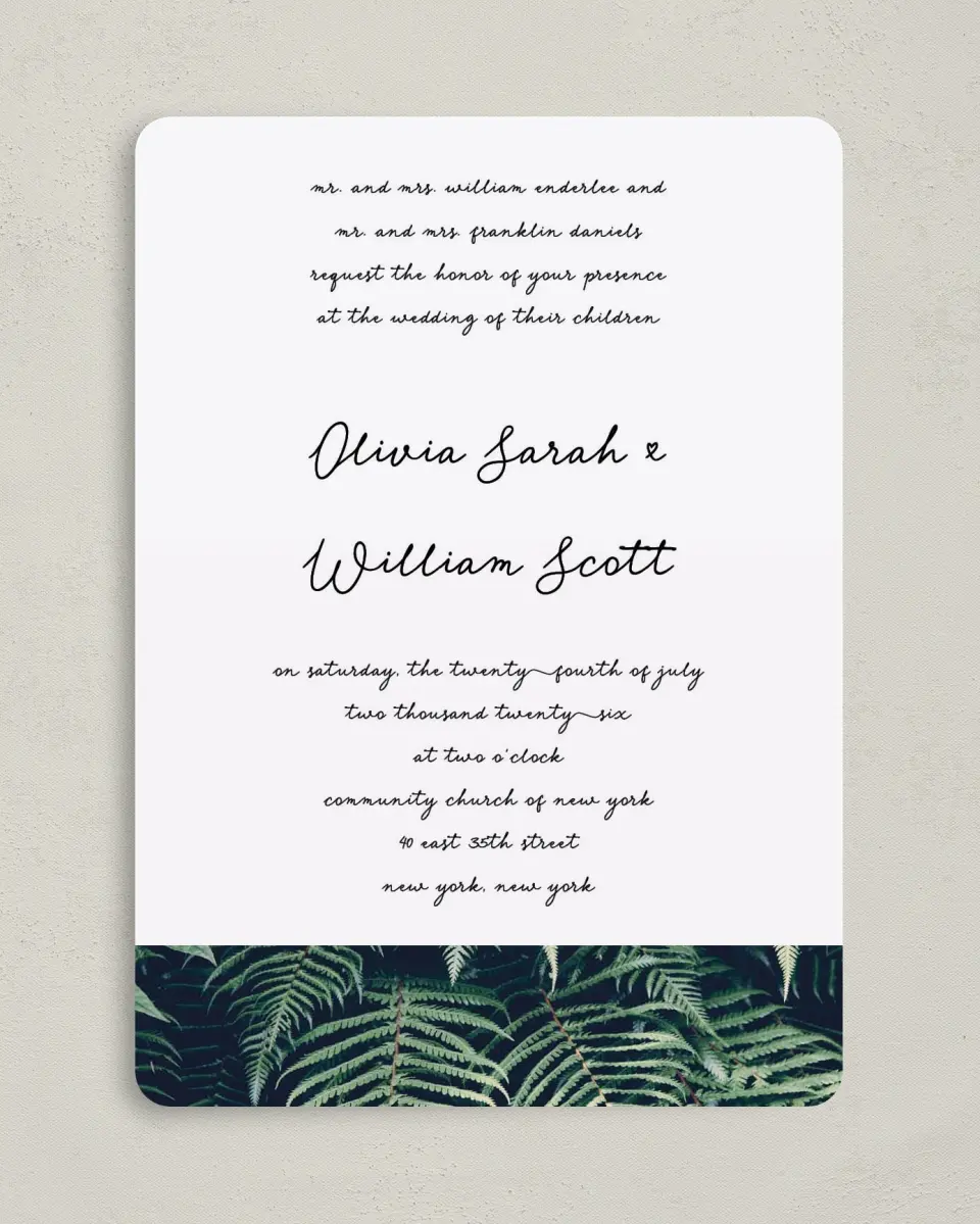 This is a 5" x 7" Rounded Wedding Invitation called Enchanted Day printed in full color on Premium Smooth paper