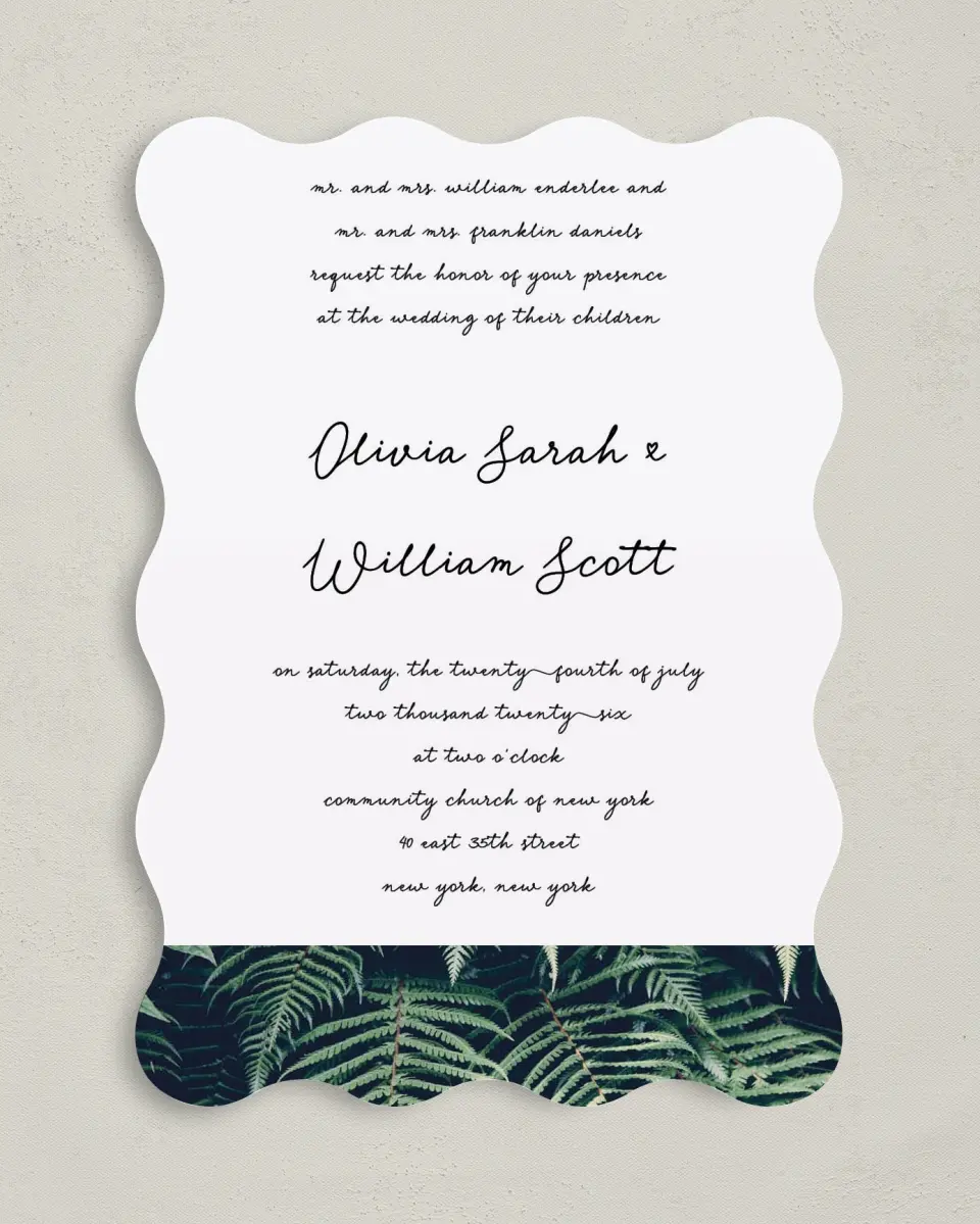 This is a 5" x 7" Wavy Wedding Invitation called Enchanted Day printed in full color on Premium Smooth paper