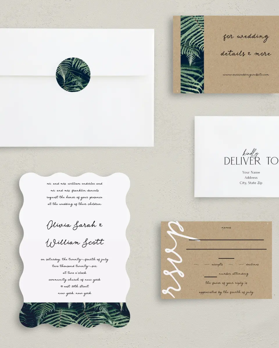 This is a 5" x 7" Wavy Wedding Invitation called Enchanted Day printed in full color with Gold foil on Luxe Satin (coated) paper