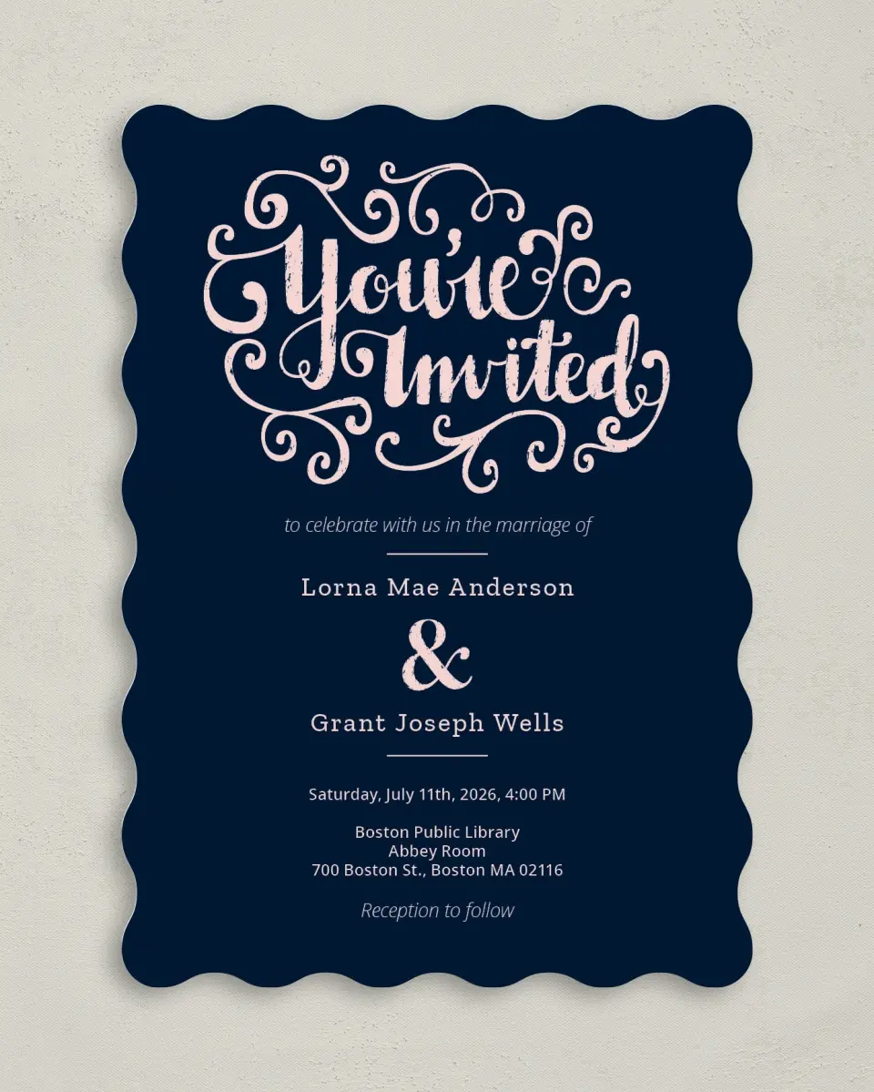 This is a 5" x 7" Wavy Wedding Invitation called Love Letters printed in full color on Premium Smooth paper