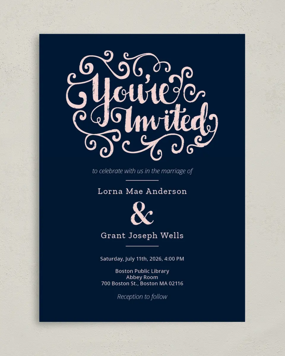 This is a 5" x 7" Classic Wedding Invitation called Love Letters printed in full color with Gold foil on Luxe Satin (coated) paper