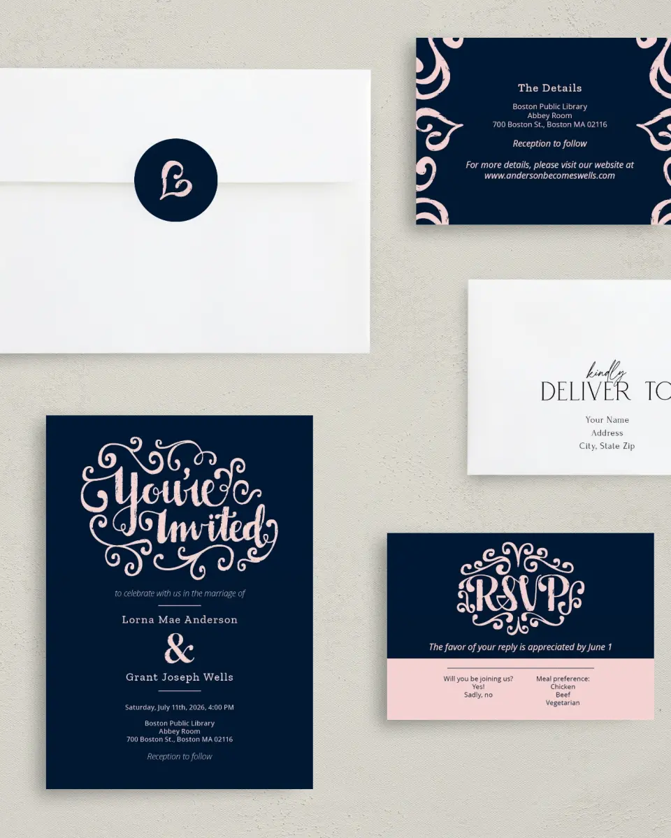 This is a 5" x 7" Classic Wedding Invitation called Love Letters printed in full color with Gold foil on Luxe Satin (coated) paper
