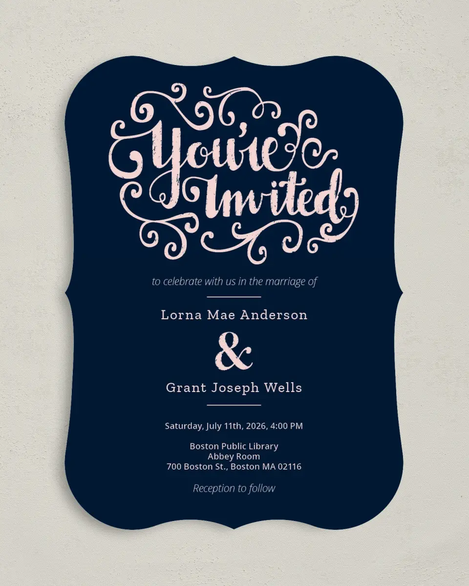 This is a 5" x 7" Bracket Wedding Invitation called Love Letters printed in full color with Silver foil on Luxe Satin (coated) paper