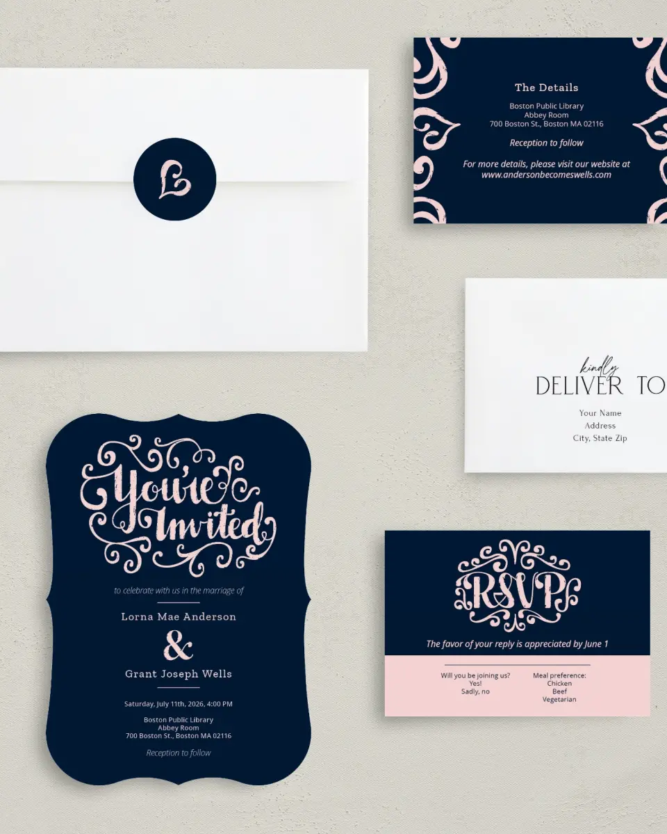 This is a 5" x 7" Bracket Wedding Invitation called Love Letters printed in full color with Silver foil on Luxe Satin (coated) paper