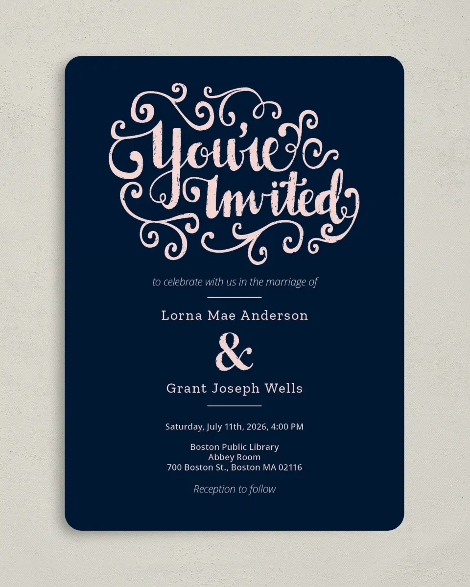 This is a 5" x 7" Rounded Wedding Invitation called Love Letters printed in full color on Premium Smooth paper