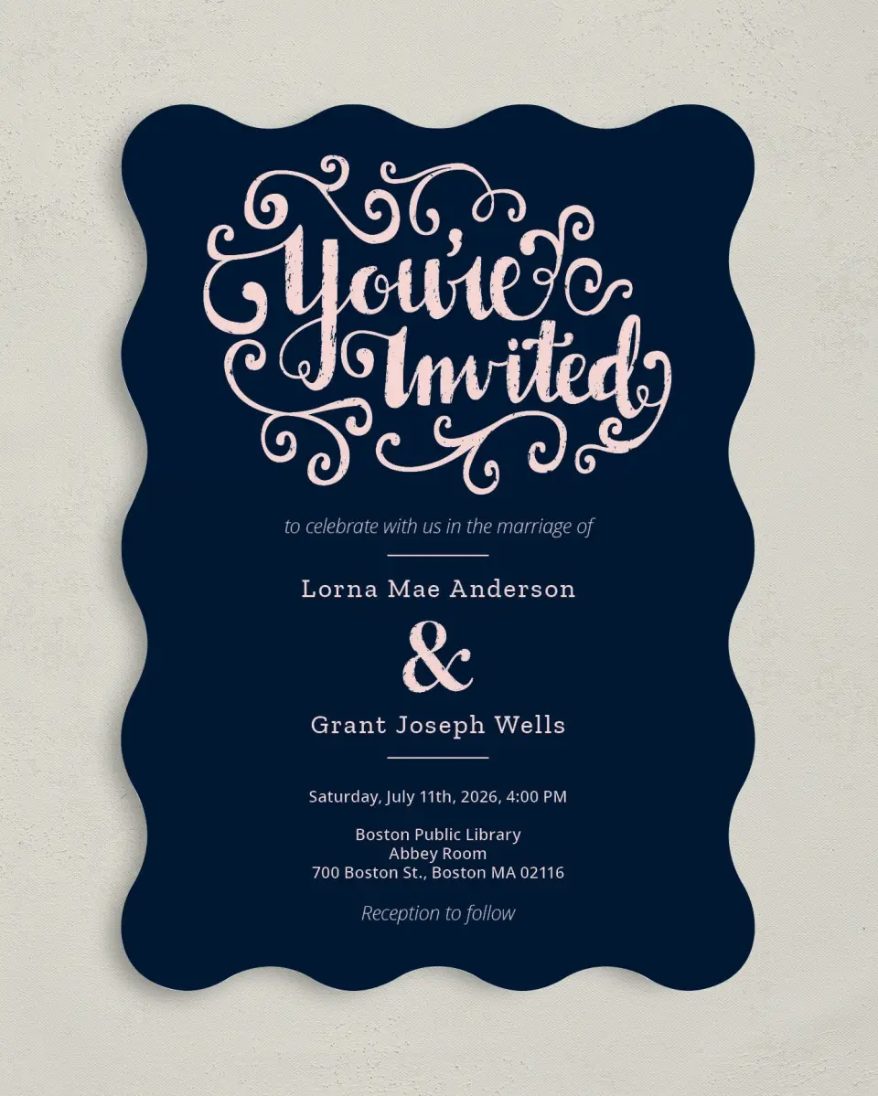 This is a 5" x 7" Wavy Wedding Invitation called Love Letters printed in full color on Premium Smooth paper