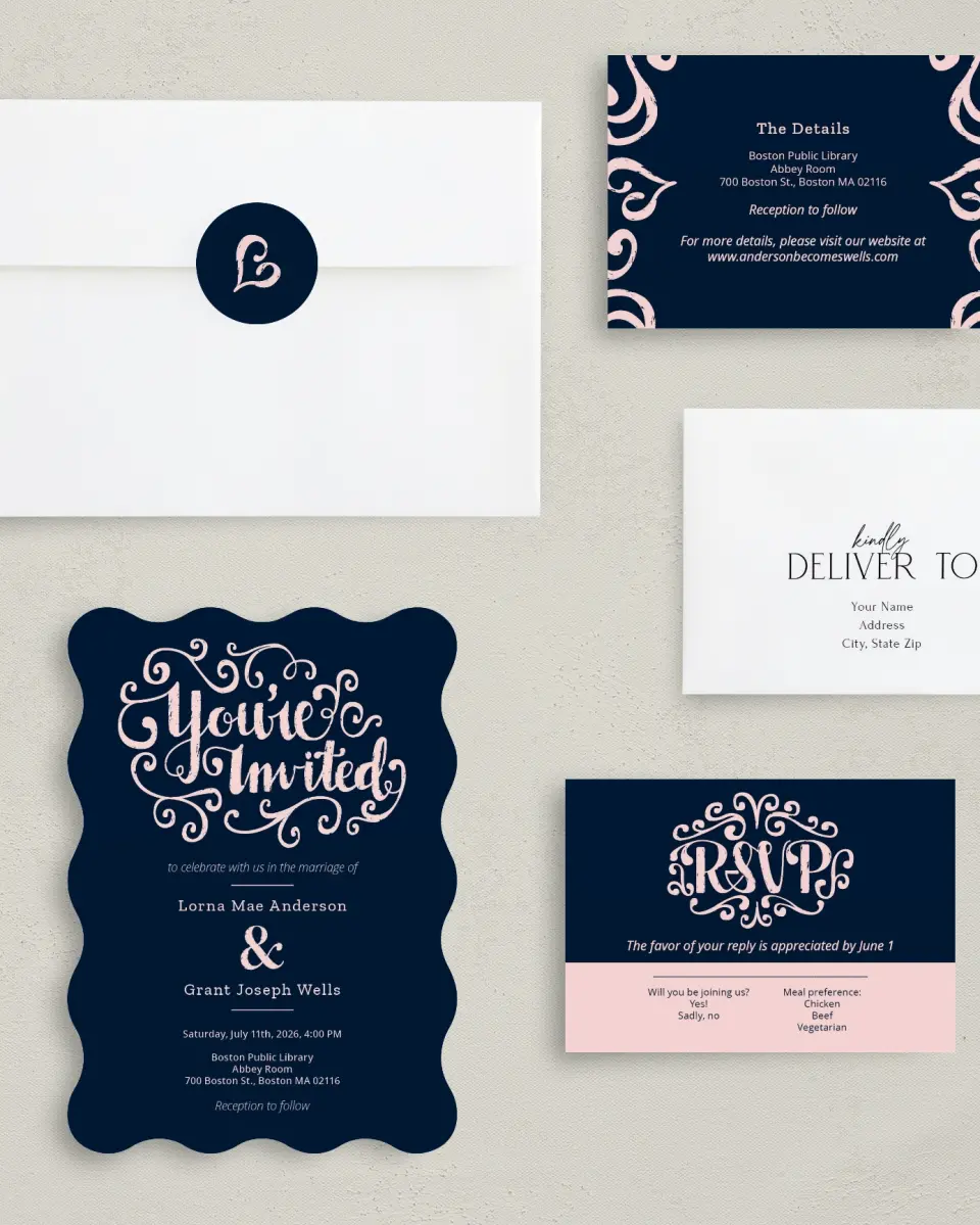 This is a 5" x 7" Wavy Wedding Invitation called Love Letters printed in full color with Silver foil on Luxe Satin (coated) paper