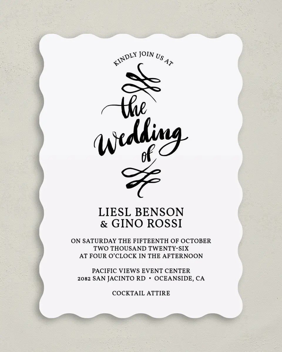 This is a 5" x 7" Wavy Wedding Invitation called Soon to Be printed in full color on Premium Smooth paper