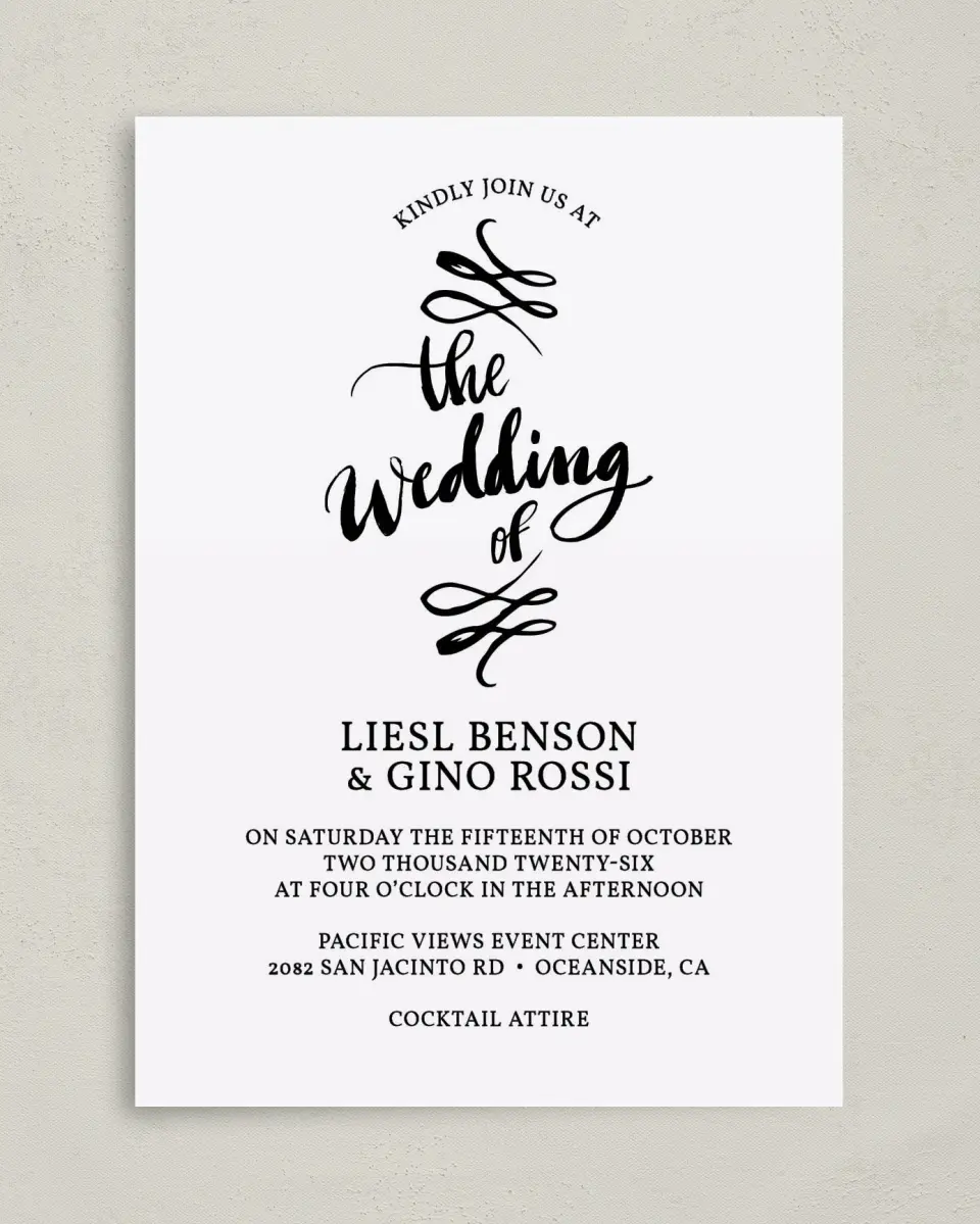 This is a 5" x 7" Classic Wedding Invitation called Soon to Be printed in full color with Gold foil on Luxe Satin (coated) paper