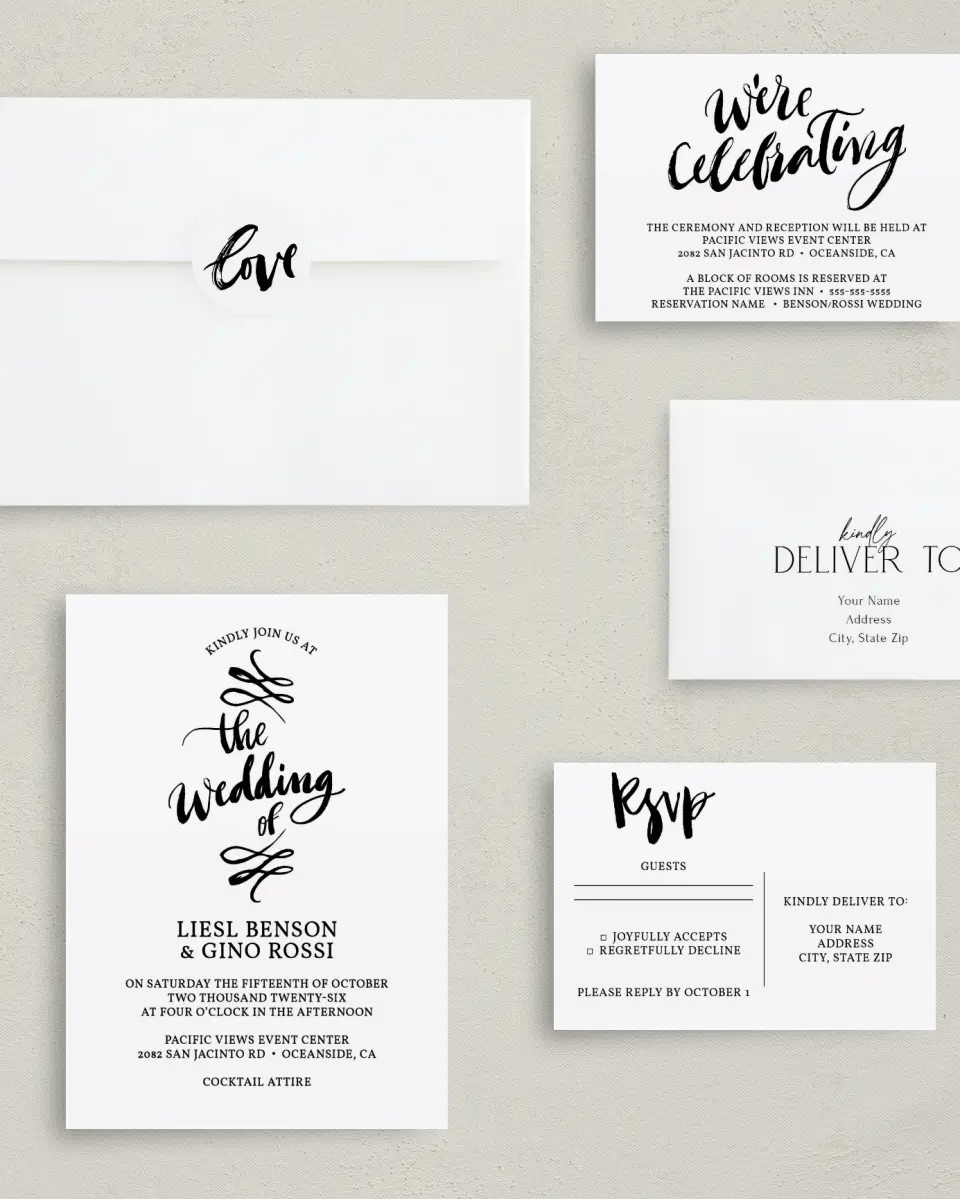 This is a 5" x 7" Classic Wedding Invitation called Soon to Be printed in full color with Gold foil on Luxe Satin (coated) paper