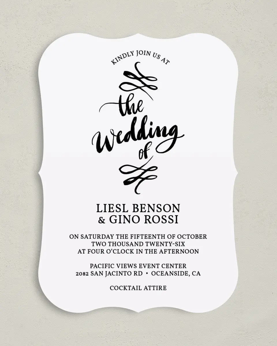 This is a 5" x 7" Bracket Wedding Invitation called Soon to Be printed in full color with Silver foil on Luxe Satin (coated) paper