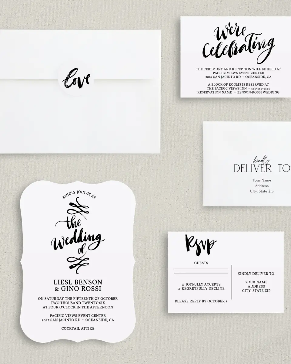 This is a 5" x 7" Bracket Wedding Invitation called Soon to Be printed in full color with Silver foil on Luxe Satin (coated) paper