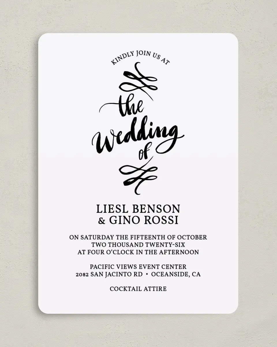 This is a 5" x 7" Rounded Wedding Invitation called Soon to Be printed in full color on Premium Smooth paper