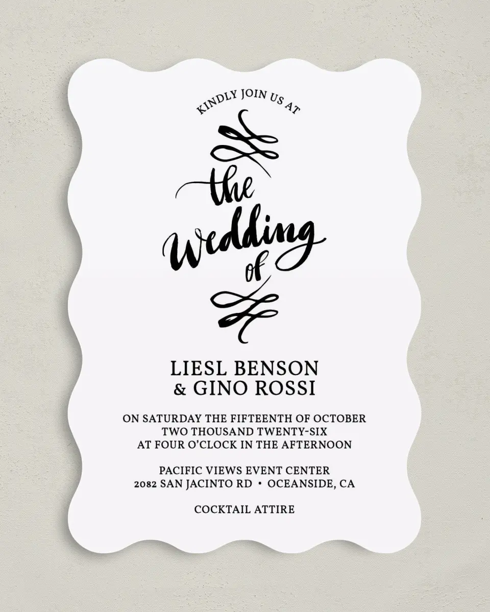 This is a 5" x 7" Wavy Wedding Invitation called Soon to Be printed in full color on Premium Smooth paper