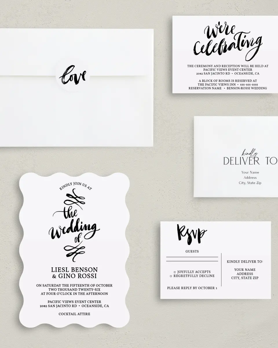 This is a 5" x 7" Wavy Wedding Invitation called Soon to Be printed in full color with Gold foil on Luxe Satin (coated) paper