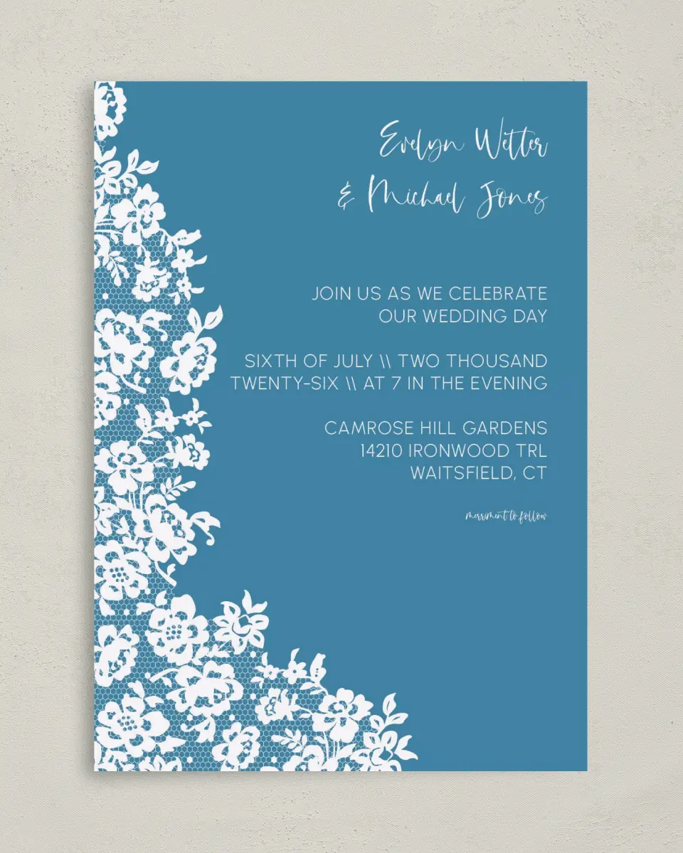 This is a 5" x 7" Classic Wedding Invitation called Modern Lace printed in full color on Premium Smooth paper