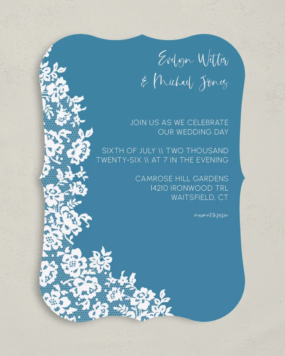 This is a 5" x 7" Bracket Wedding Invitation called Modern Lace printed in full color on Premium Smooth paper