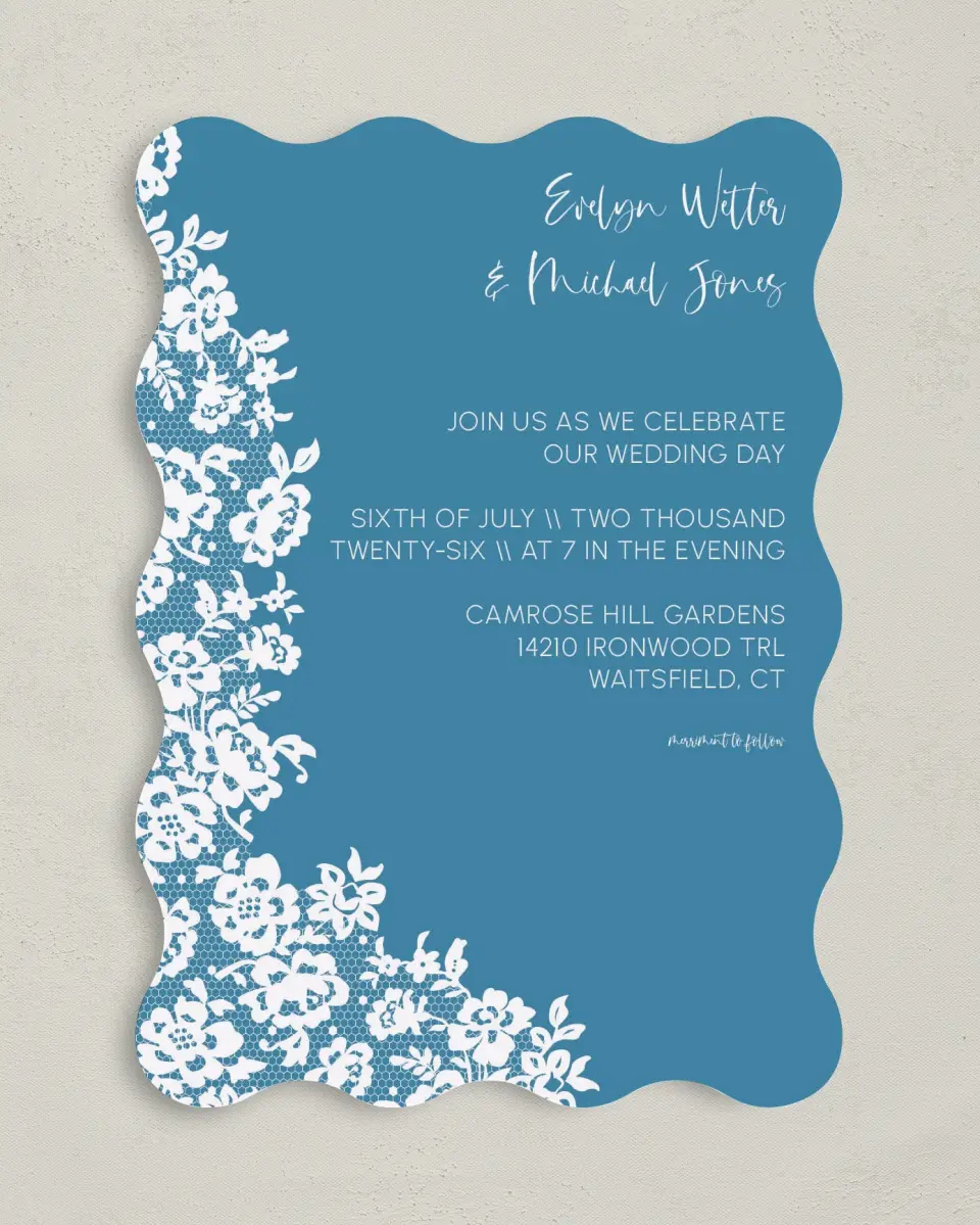This is a 5" x 7" Wavy Wedding Invitation called Modern Lace printed in full color on Premium Smooth paper