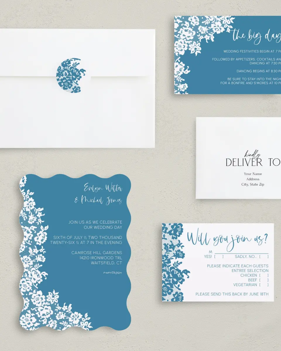 This is a 5" x 7" Wavy Wedding Invitation called Modern Lace printed in full color with Gold foil on Luxe Satin (coated) paper
