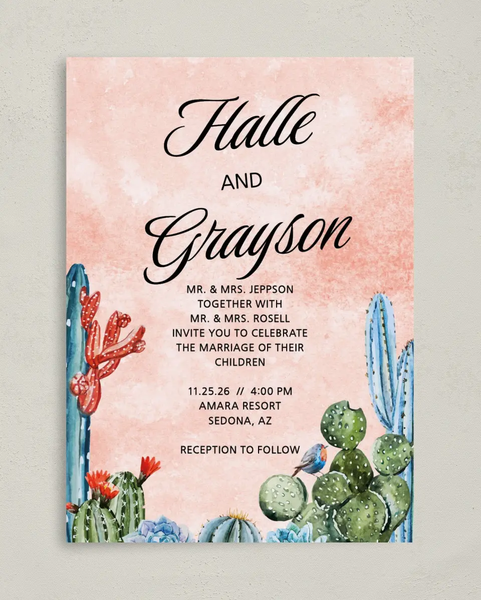 This is a 5" x 7" Classic Wedding Invitation called Painted Cactus printed in full color on Premium Smooth paper
