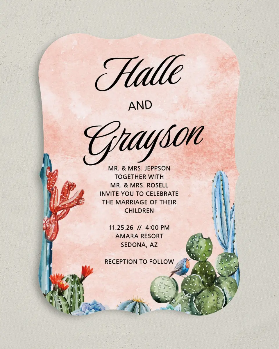 This is a 5" x 7" Bracket Wedding Invitation called Painted Cactus printed in full color on Premium Smooth paper