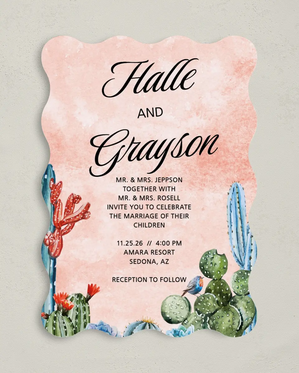 This is a 5" x 7" Wavy Wedding Invitation called Painted Cactus printed in full color on Premium Smooth paper