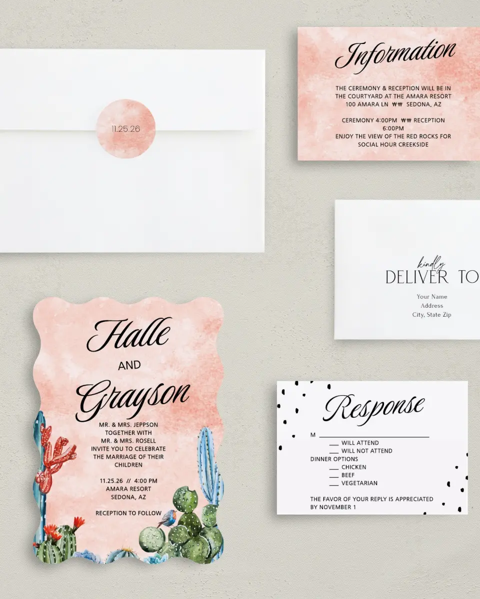 This is a 5" x 7" Wavy Wedding Invitation called Painted Cactus printed in full color with Gold foil on Luxe Satin (coated) paper